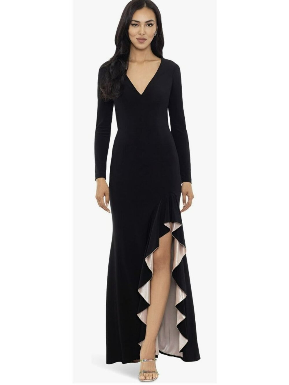 Xscape $249 Black Nude Trudy Ruffle Slit Jersey Formal Maxi Dress Gown Sz 6 New